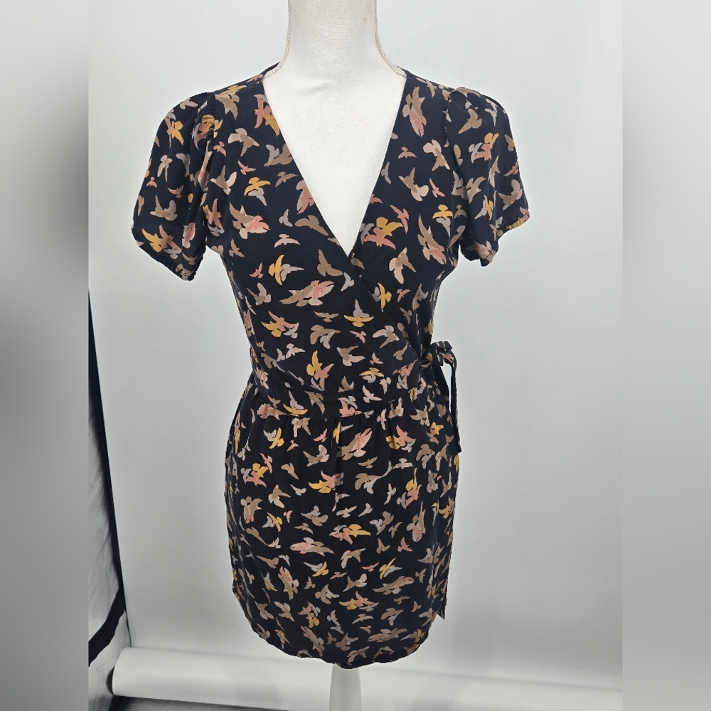 Myne Yellow And Cream Print On Black Floral Wrap Mini Dress Size 4 (6565)